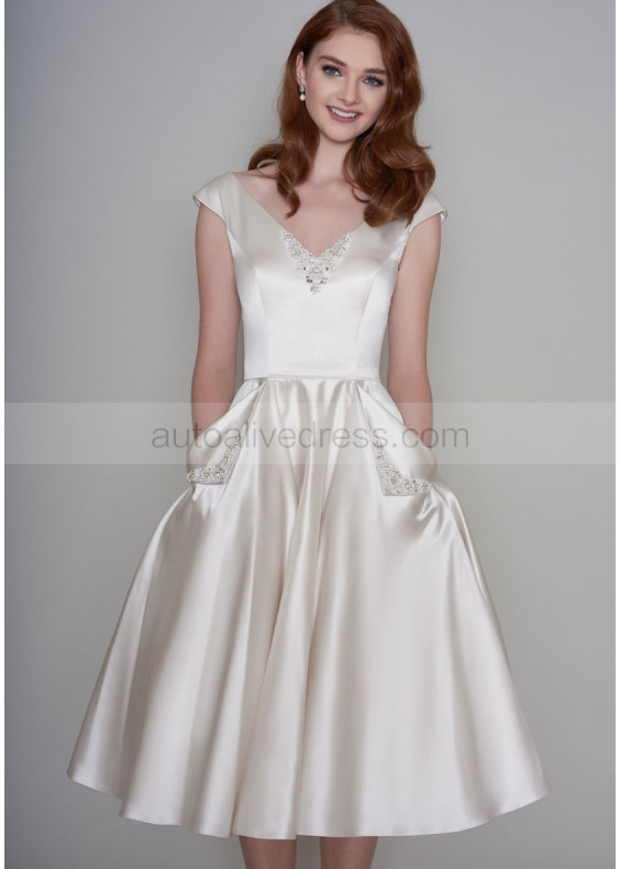 V Neck Beaded Ivory Satin Tea Length Prom Dress With Pockets