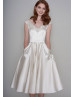 V Neck Beaded Ivory Satin Tea Length Wedding Dress With Pockets