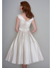 V Neck Beaded Ivory Satin Tea Length Prom Dress With Pockets
