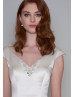 V Neck Beaded Ivory Satin Tea Length Wedding Dress With Pockets