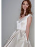 V Neck Beaded Ivory Satin Tea Length Prom Dress With Pockets