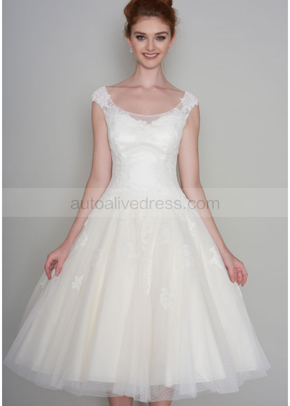 Ivory Lace Polka Dot Tulle Tea Length Retro Wedding Dress