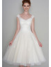 Ivory Lace Polka Dot Tulle Tea Length Retro Wedding Dress