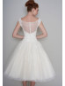 Ivory Lace Dots Tulle Tea Length Illusion Buttons Back Prom Dress