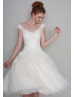 Ivory Lace Polka Dot Tulle Tea Length Retro Wedding Dress