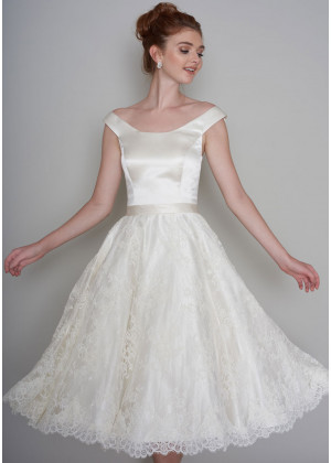 Off Shoulder Ivory Satin Lace Tea Length Vintage Inspired Wedding Dress