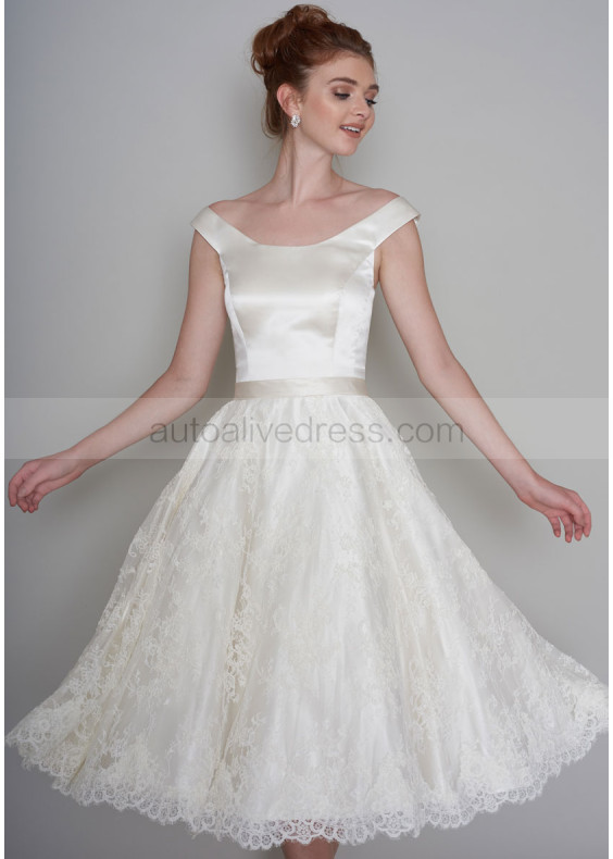 Off Shoulder Ivory Satin Lace Tea Length Vintage Inspired Wedding Dress Off Shoulder Ivory Satin Lace Tea Length Vintage Inspired Wedding Dress