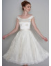 Off Shoulder Ivory Satin Lace Tea Length Vintage Inspired Wedding Dress