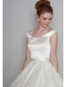 Off Shoulder Ivory Satin Lace Tea Length Vintage Inspired Wedding Dress