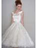Off Shoulder Ivory Satin Lace Tea Length Vintage Inspired Wedding Dress