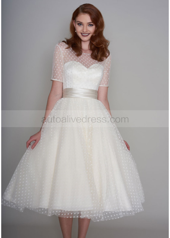 Short Sleeve Ivory Spotted Tulle Tea Length V Back Prom Dress