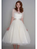 Short Sleeve Ivory Spotted Tulle Tea Length V Back Prom Dress