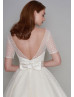 Short Sleeve Ivory Spotted Tulle Tea Length V Back Prom Dress