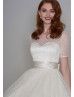 Short Sleeve Ivory Spotted Tulle Tea Length V Back Prom Dress