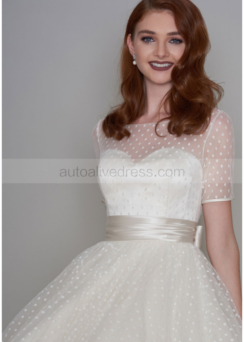 A-line Short Sleeve Ivory Spotted Tulle Tea Length V Back Prom Dress