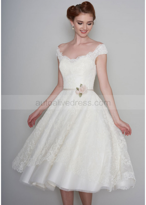 Cap Sleeve Ivory Eyelash Lace Tulle Tea Length Buttons Back Prom Dress