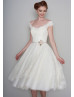 Cap Sleeve Ivory Eyelash Lace Tulle Tea Length Buttons Back Prom Dress