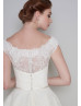 Cap Sleeve Ivory Eyelash Lace Tulle Tea Length Buttons Back Prom Dress