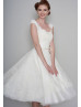 Cap Sleeve Ivory Eyelash Lace Tulle Tea Length Buttons Back Prom Dress