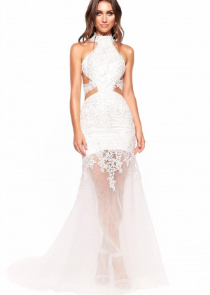 Halter Neck Ivory Sequind Lace Tulle Cutout Prom Dress