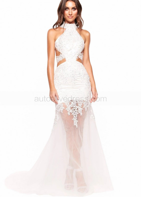 Halter Neck Ivory Sequind Lace Tulle Cutout Prom Dress