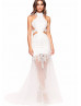 Halter Neck Ivory Sequind Lace Tulle Cutout Prom Dress