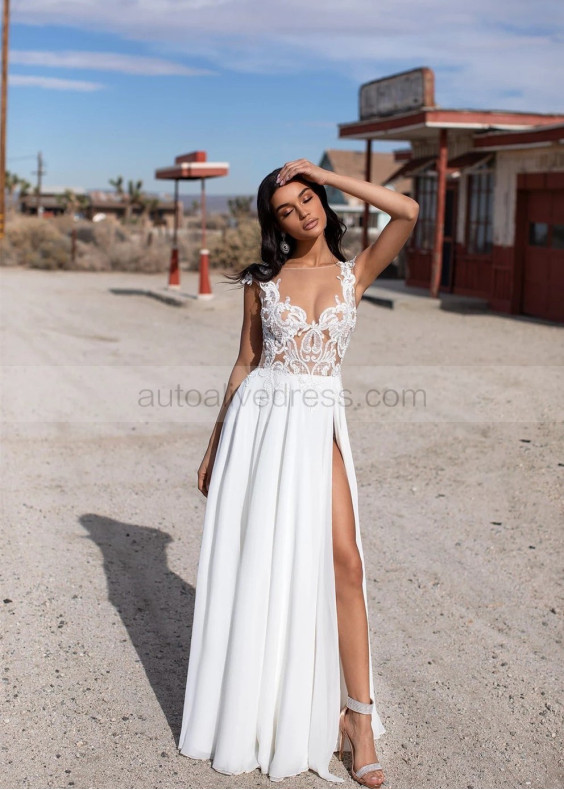 Cap Sleeve White Beaded Lace Chiffon Slit Long Prom Dress