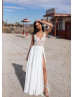 Cap Sleeve White Beaded Lace Chiffon Slit Long Prom Dress