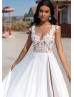 Cap Sleeve White Beaded Lace Chiffon Slit Long Prom Dress