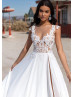 Cap Sleeve White Beaded Lace Chiffon Slit Long Prom Dress Cap Sleeve White Beaded Lace Chiffon Slit Long Prom Dress