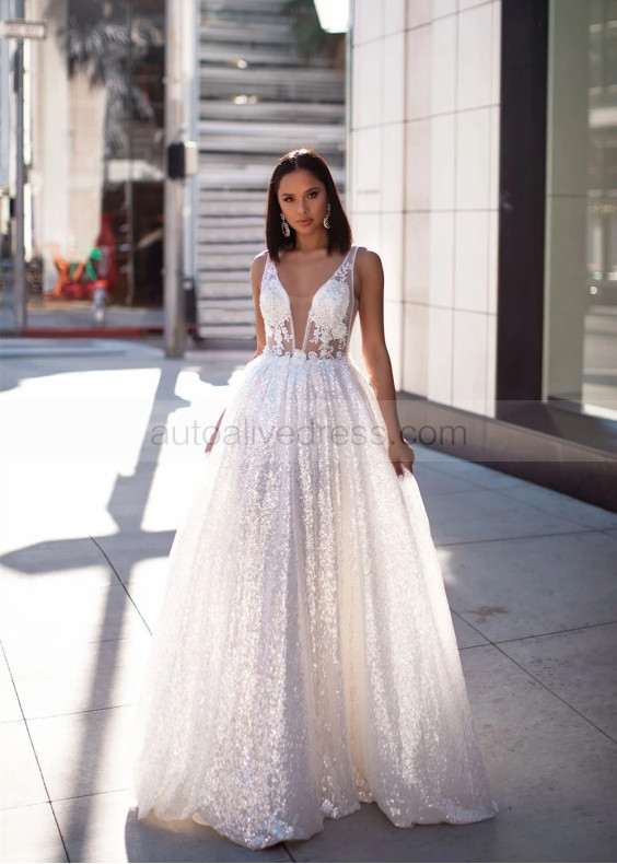 White Beaded Lace Sequin Long Prom Dress