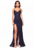 Navy Blue Lace Slit Open Back Long Prom Dress