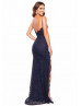 Navy Blue Lace Slit Open Back Long Prom Dress