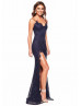 Navy Blue Lace Slit Open Back Long Prom Dress