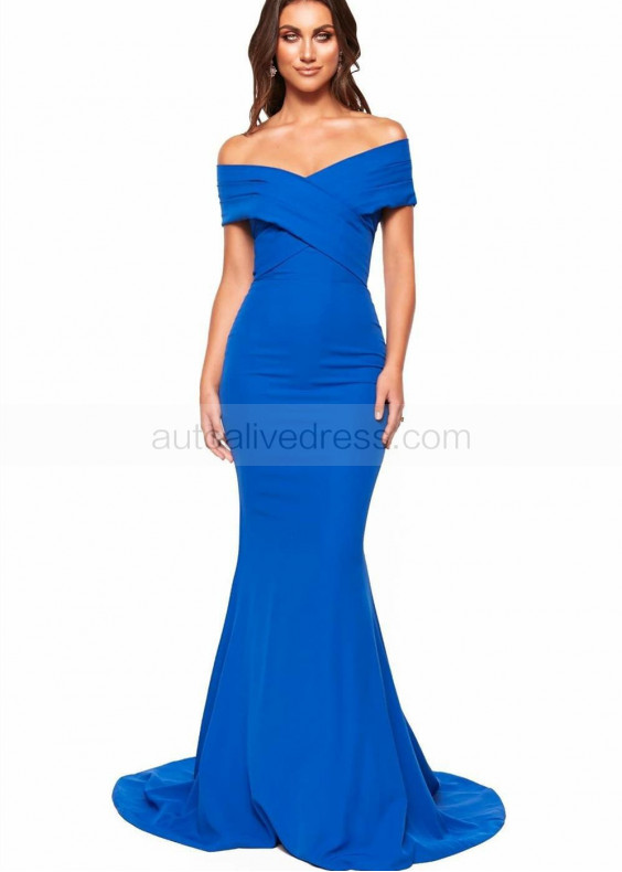 V Neck Royal Blue Chiffon Long Prom Dress