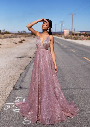 Rose Gold Glittering Backless Long Prom Dress Rose Gold Glittering Backless Long Prom Dress