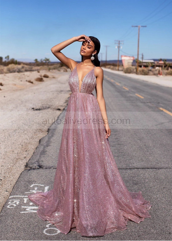 Rose Gold Glittering Backless Long Prom Dress