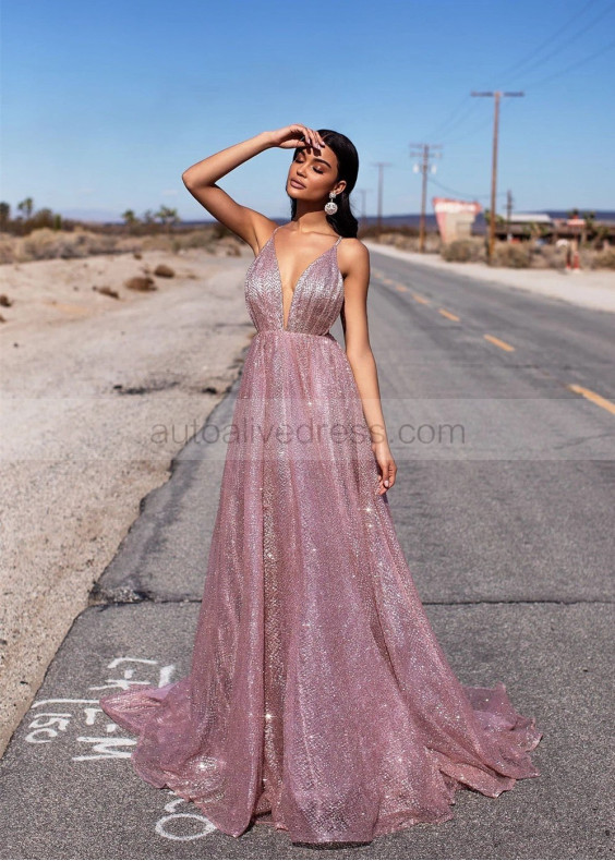 Rose Gold Glittering Backless Long Prom Dress Rose Gold Glittering Backless Long Prom Dress