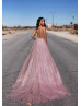 Rose Gold Glittering Backless Long Prom Dress