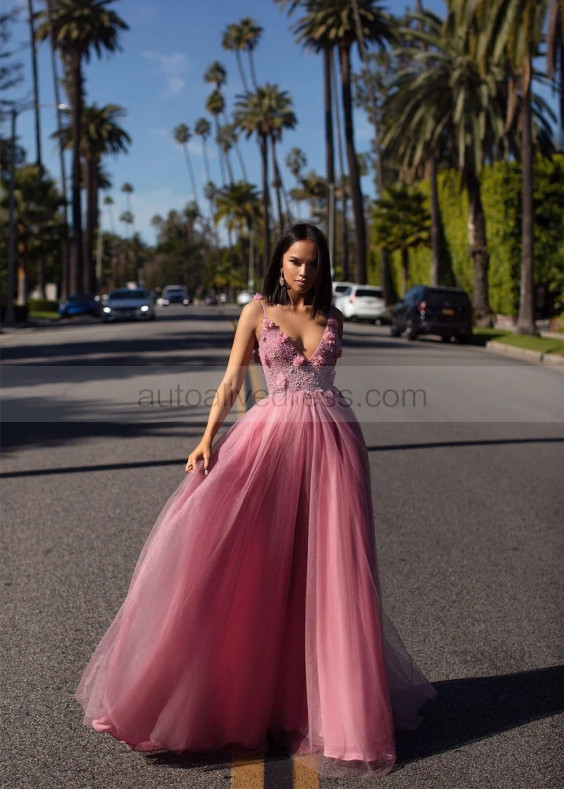Beaded Dusty Pink Tulle Floral Dreamy Prom Dress