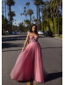 Dusty Pink Beaded Tulle Deep V Back Long Prom Dress