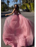 Dusty Pink Beaded Tulle Deep V Back Long Prom Dress