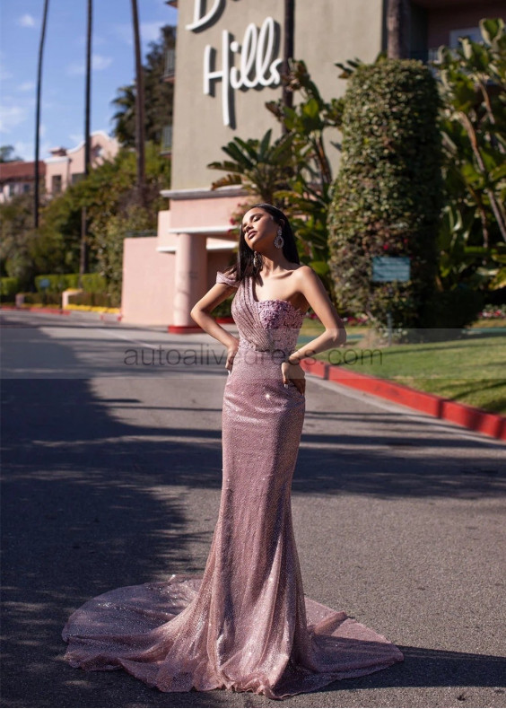 One Shoulder Rose Pink Beaded Lace Long Prom Dress