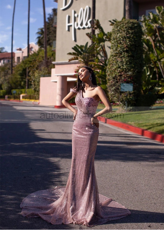 One Shoulder Rose Pink Beaded Lace Long Prom Dress One Shoulder Rose Pink Beaded Lace Long Prom Dress