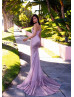 One Shoulder Rose Pink Beaded Lace Long Prom Dress