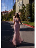One Shoulder Rose Pink Beaded Lace Long Prom Dress One Shoulder Rose Pink Beaded Lace Long Prom Dress