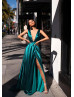 Turquoise Satin Slit Long Prom Dress