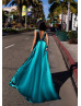 Turquoise Satin Slit Long Prom Dress