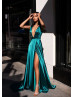 Turquoise Satin Slit Long Prom Dress