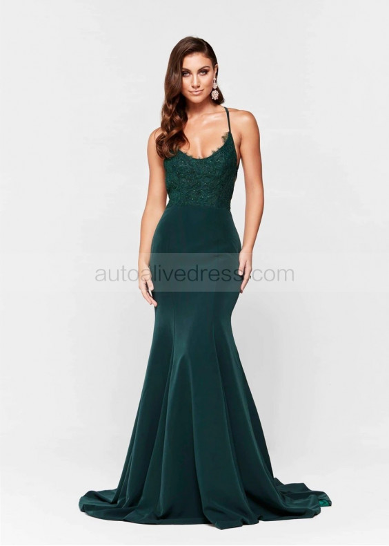 Scoop Neck Beaded Emerald Lace Long Prom Dress